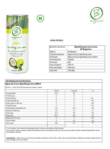6 Pack Agua De Coco Con Gas 250ml Lima, Pomelo Y Arándanos