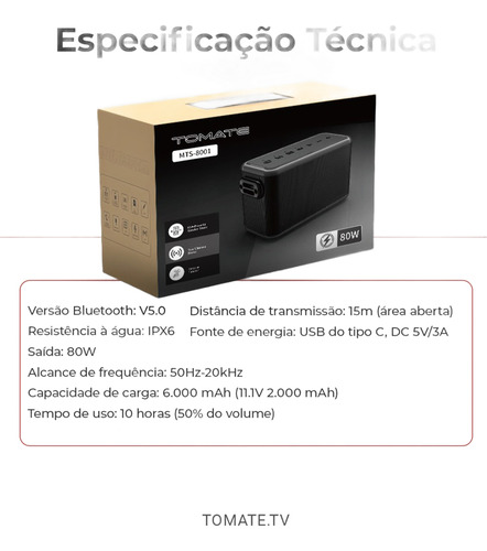 Caixa De Som Sem Fio Tomate Mts - 8001 Cor Preto 80w