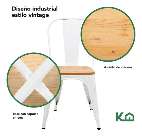 Set De 2 Sillas Tolix Estructura De Acero Asiento De Madera Vintage Exterior Color Blanco KingsHouse
