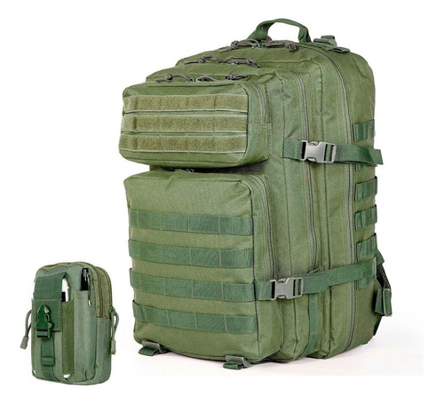 Mochila Militar Táctica 45 Lts  Pouch Estuche Porta Celular Color Verde Oscuro