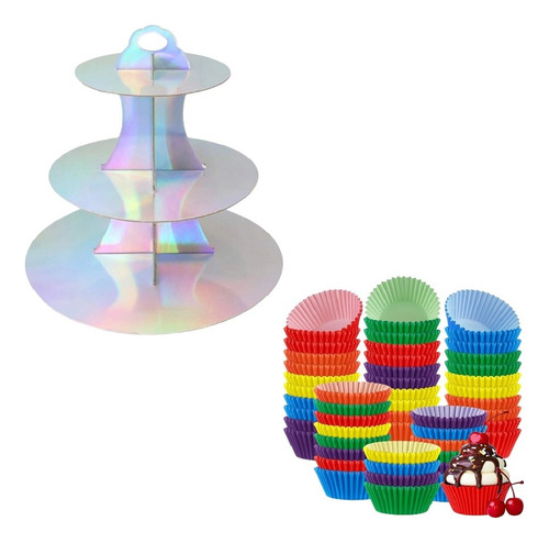 Soporte Cupcake Holográfico 3 Niveles + 100pirotines 100.lv 