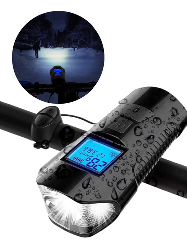 Luz Bicicleta Velocimetro Bocina Recargable Usb Lluvia Negro