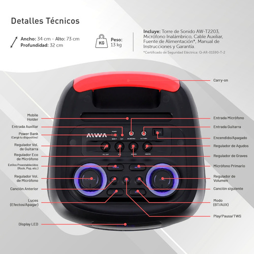 Parlante Torre Bluetooth Carry On 12500w Aiwa 2203
