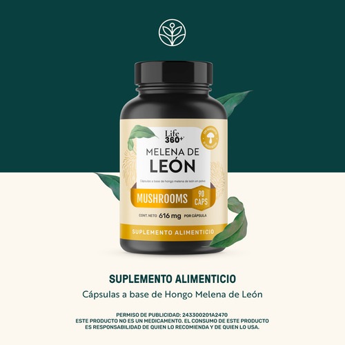 Melena De León Mushrooms Life 360+ 90 Cápsulas Hongo Melena