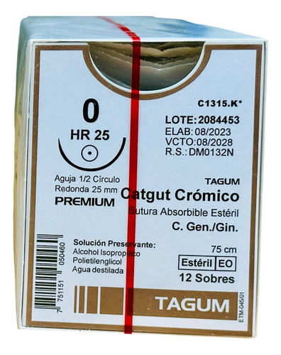 Sutura Catgut Cromico 0 Aguja 1/2 De 25mm Tagum Caja C/12
