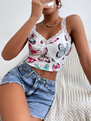 Top Blanco Estampado Mariposas Talla Xl