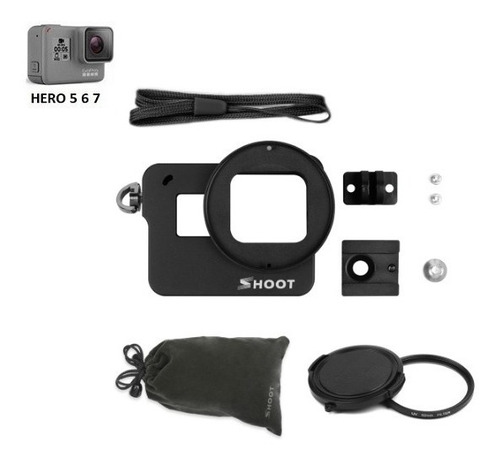 Case De Alumínio + Filtro Uv 52mm - Gopro 7 6 5 Black