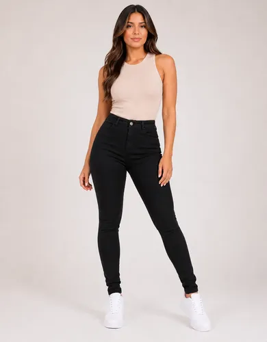Calca Jeans Preta Feminina Super Lycra Skinny Cintura Alta