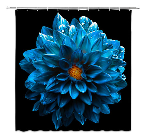 Cortina Ducha Diseño Flor Azul Gota Agua Fondo Negro Retro