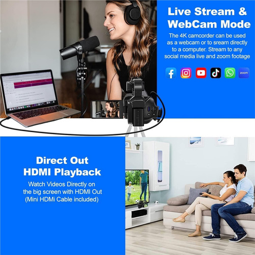 Videocámara 4k Uhd 48mp Wifi Ir Con Luz De Relleno Y Soporte