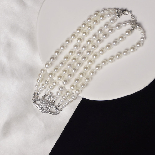 Collar De Perlas De Saturno Con Diamantes Multicapa