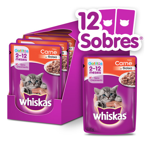 Whiskas Alimento Húmedo En Sobre Gatitos Carne Salsa 12 Un