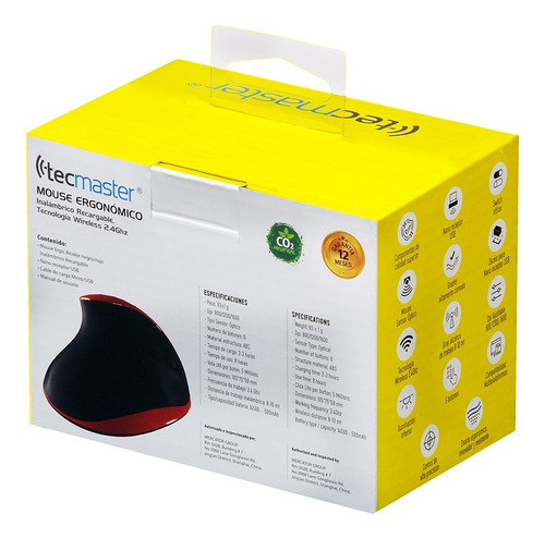 Mouse Ergonómico Tecmaster Inalámbrico Recargable Negro/rojo
