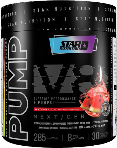 Pump V8 Pre Workout Star Nutrition 285 Gr Cafeína Taurina