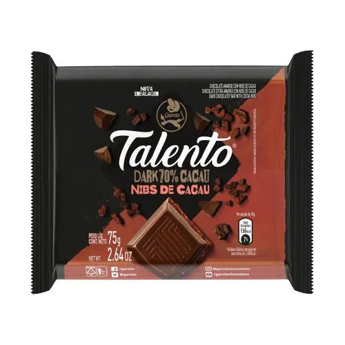 Chocolate Amargo 70% Dark Nibs De Cacau Talento 75g - Garoto