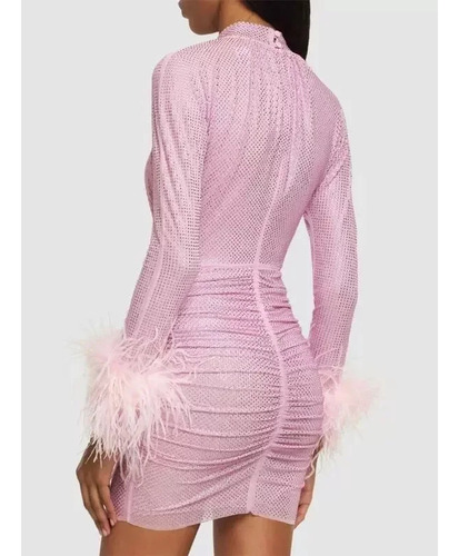 Mini Vestido Rosa Com Punho De Penas