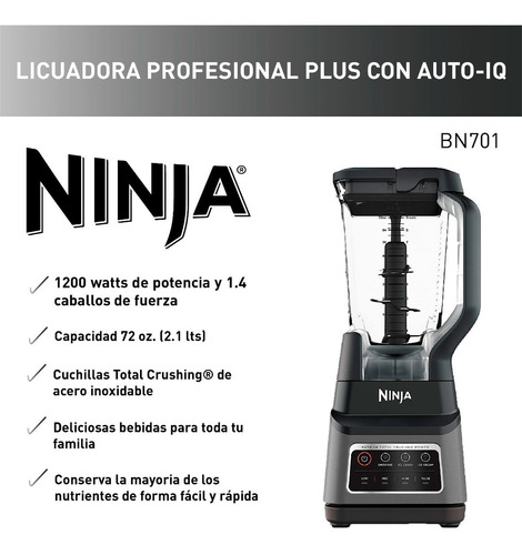 Imagen 3 de 8 de Licuadora portátil Ninja Professional Plus Blender with Auto-iQ BN701 2.1 L gris con vaso de tritan 120V