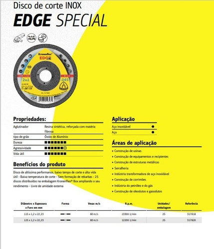 Disco Corte Inox Kronenflex Edge 1,2mm 4.1/2 Klingspor 25und
