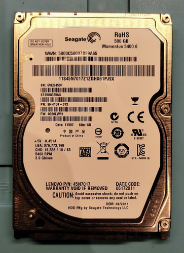 Disco Rígido Seagate 500gb Sata2 Notebook 2.5 Impecable