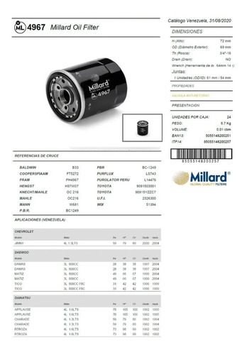 Filtro De Aceite Ml 4967 Marca Millard Terios Spark