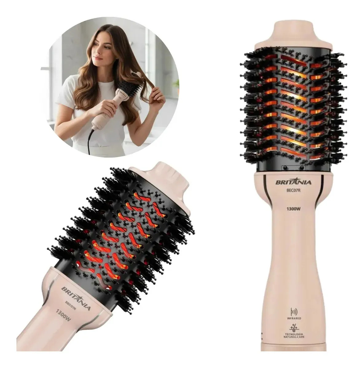Escova Secadora 4 em 1 Britânia BEC07R Cerâmica 1300W Bivolt Rosa - Seca, alisa, modela e dá volume aos cabelos.