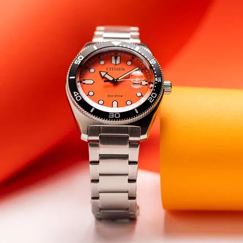 Citizen Sport Casual Orange Weekender Aw1760-81x Correa Plata Bisel Plata Fondo Naranja