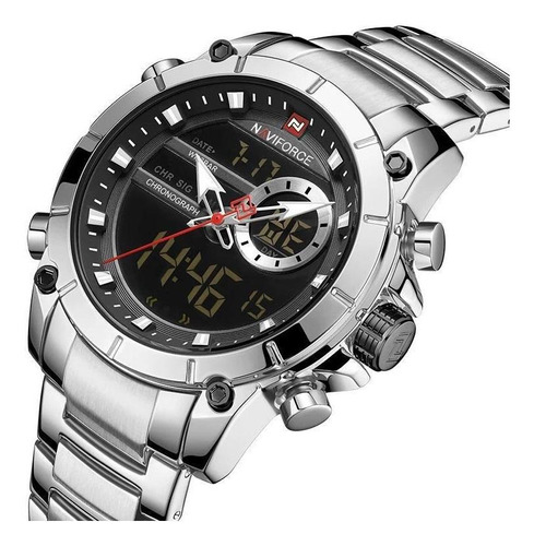 Relógio Masculino Naviforce 9163 Prata Anadigi Digital Inox