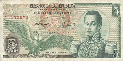 Colombia  5 Pesos Oro 20 De Julio 1971