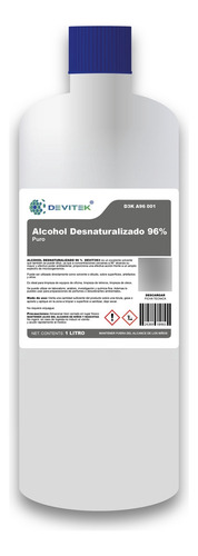 Alcohol Desnaturalizado 96% Formato Botella 1 Litro