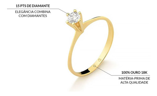 Anel Solitário Em Ouro 18k Com 15,0 Pontos De Diamante Aro 2
