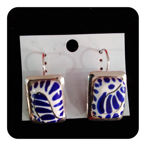 Imagen 2 de 2 de Aretes Talavera Poblana Azul Con Metal Acero M12 Artesania