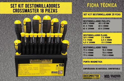 Imagen 2 de 6 de Set De Destornilladores Crossmaster 18 Piezas Philips Planos