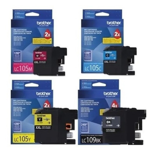 Pack 4 Tintas Brother Lc105 Lc109 Xxl Negro Y Colores Orig.