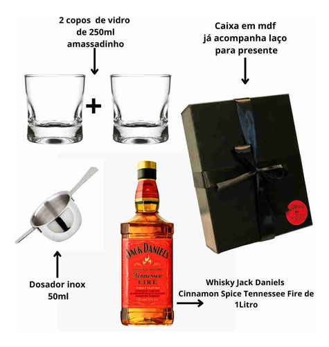 Kit Whisky Jack Daniels Fire Canela 1lt + 2 Copos + Dosador