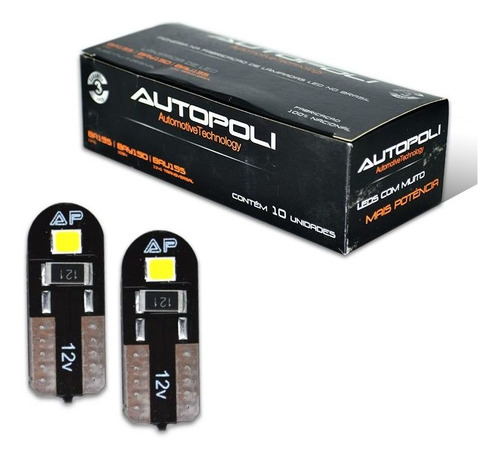 Lampada Automotiva Led T10 0,4w 12v Branca Esmagada Par