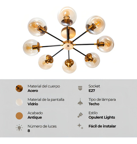 Lámpara De Techo Opulent Niquel Satinado E27 40w 8 Luces Dorado
