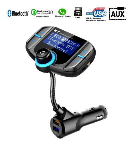 Imagen 2 de 10 de Transmisor Bluetooth Fm Doble Cargador Usb Manos Libres Aux