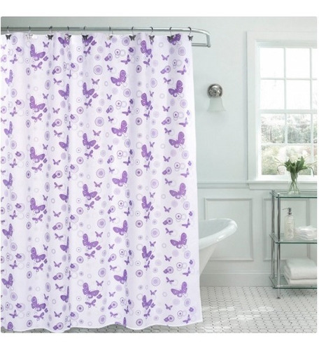 Imagen 2 de 8 de Cortina Baño Lavable + Protector +ganchos Mariposas Eliplast