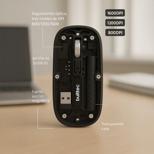 Mouse Inalambrico Recargable Usb-c 2.4ghz Bluetooth Bulltec Negro
