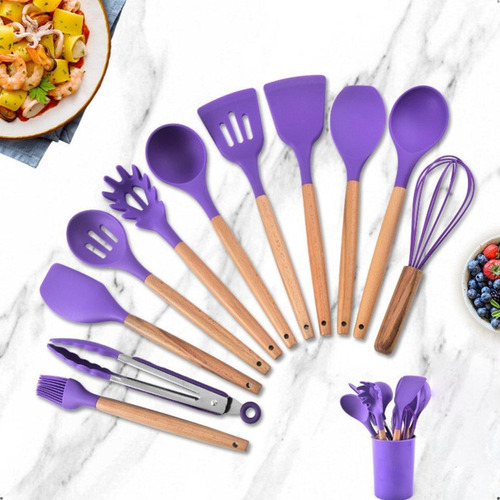 Kit De 12 Utensílios De Cozinha De Silicone Com Alças.