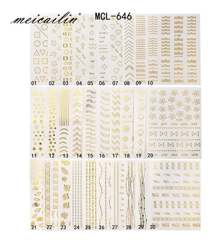 Stickers Dorados Manicura 20 Hojas Diferentes