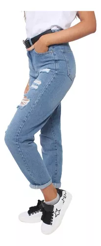 Pantalon De Jean Ancho Rigido Mujer Jean Mom Roto Pant Dama