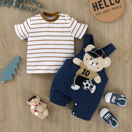 Conjunto Tierno Bebé Con Overol Y Estampado De Osito Y Rayas Azul 3-6 M
