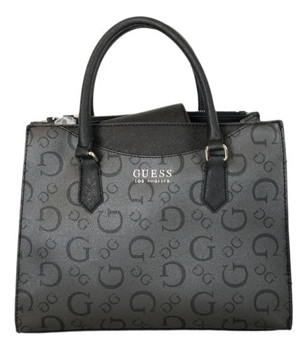 Bolsa Tote Guess Mujer Monograma Ng823822 Acabado De Los Herrajes Níquel Color Negro Correa De Hombro Negro