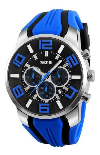Relógio de pulso Skmei 9128 com corria de silicone cor azul/preto - fondo preto - bisel prateado