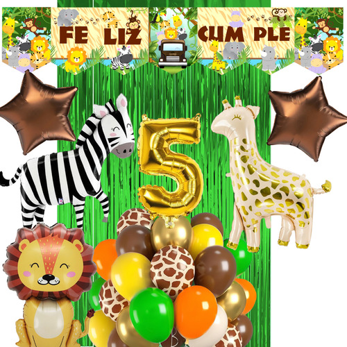 Combo Globos Animales De La Selva Safari Banderin Numero Dorado Número 5