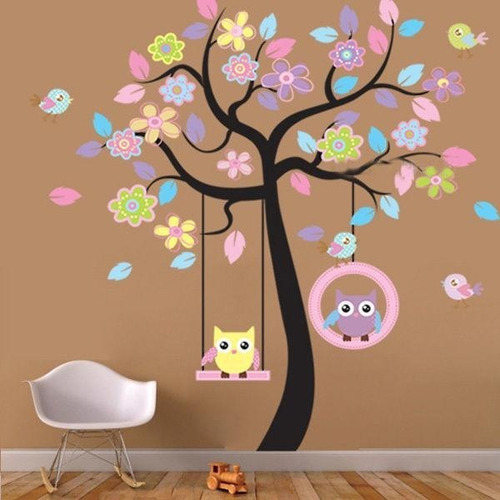 Imagen 2 de 7 de Vinilo Decor Sticker Arte Niño Pared - Arbol Buhos Color
