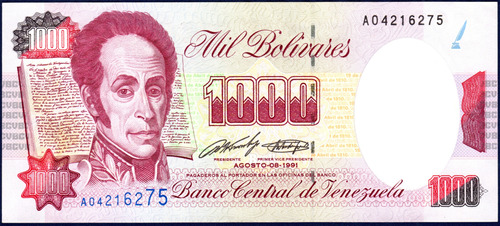 Billete De 1000 Bolívares A8 Agosto 8 1991 Simón Bolívar