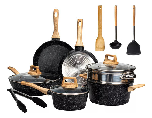 Novry® 44pzs Batería De Cocina Juego De Sartenes Antiadherente Utensilios De Cocina Con Cubiertos, Cuchillos Y Cucharas Ollas De Acero Inoxidable