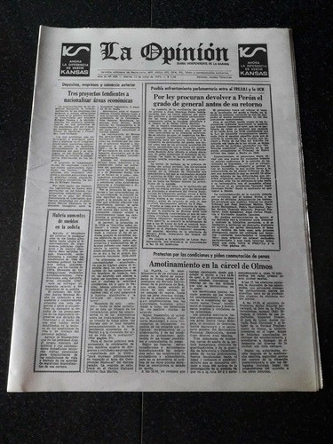Diario La Opinión 12 6 1973 Perón Cárcel Olmos Ley Universi